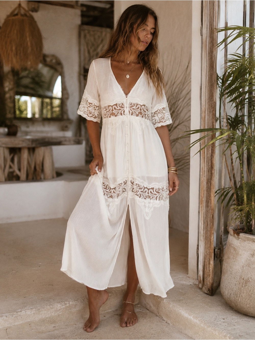 Boutique Lace Ethereal Bohemian White Maxi Dress - V-Neck Button Front